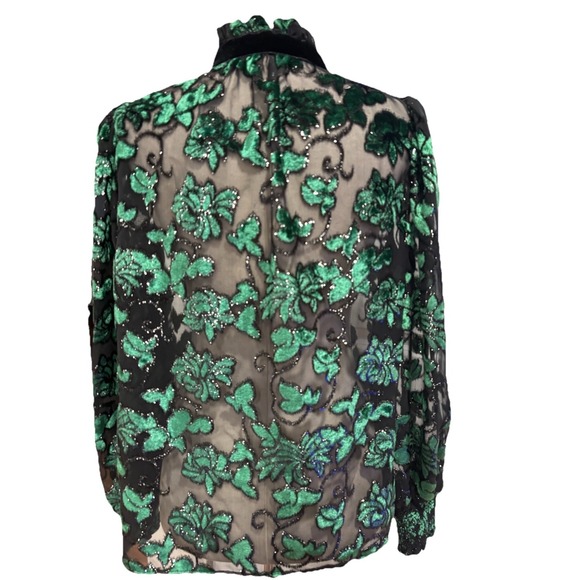 Alice + Olivia Zina Burnout Velvet Sheer Blouse In Black/Emerald Women's Large - Picture 8 of 14